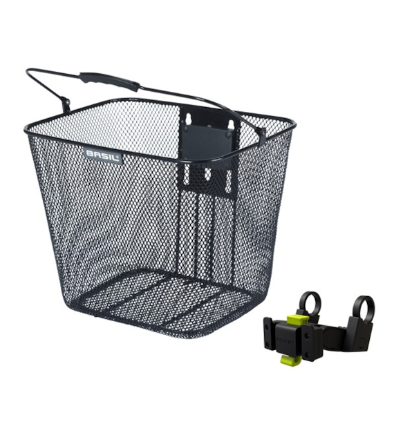 Kosz na kierownicę BASIL BILBAO KF+HANDLEBARHOLDER, KF System (ze wspornikiem), mocowanie przenośne, stalowy czarny (NEW)
