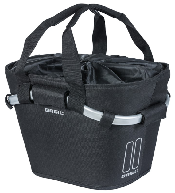 Kosz na kierownicę BASIL CLASSIC CARRY ALL FRONT BASKET KF 15L, czarny + Płytka mocująca do kosza BASIL KLICKFIX ADAPTER system do mocowania na kierownicę odpinany (bez wspornika) (NEW)
