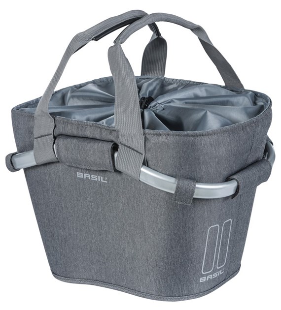 Kosz przedni na kierownicę BASIL CLASSIC CARRY ALL FRONT BASKET KF 15L, szary + Płytka mocująca do kosza BASIL KLICKFIX ADAPTER system do mocowania na kierownicę odpinany (bez wspornika) (NEW)