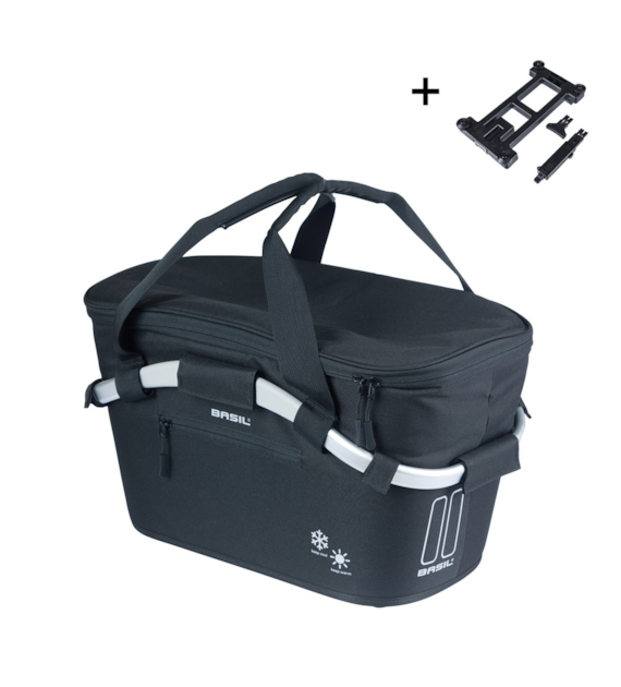 Kosz tylny na bagażnik BASIL CLASSIC CARRY ALL ISO COOL SYSTEM, MIK z adapterem do mocowania (ready to go), Adapter Plate 2.0 (blokada), izolowany do przewożenia napojów i jedzenia, 18L, Czarny (NEW)