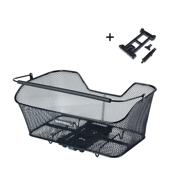 Kosz tylny na bagażnik BASIL BASE XL REAR BASKET, MIK z adapterem do mocowania (ready to go), Stalowy, Black (Eco Bottom) (WYPRZEDAŻ -50%)