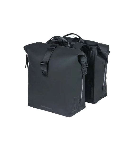 Sakwa podwójna BASIL SOHO DOUBLE PANNIER BAG NORDLICHT Universal Bridge System 41L, 100% wodoodporna night black oświetlenie Nordlicht Technology (NEW)