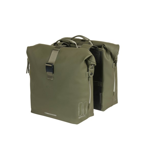 Sakwa podwójna BASIL SOHO DOUBLE PANNIER BAG NORDLICHT Universal Bridge System 41L, 100% wodoodporna moss green oświetlenie Nordlicht Technology (NEW)