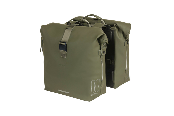 Sakwa podwówjna BASIL SOHO DOUBLE PANNIER BAG NORDLICHT Universal Bridge System 41L, 100% wodoodporna moss green oświetlenie Nordlicht Technology (NEW)