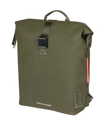 Plecak/Sakwa rowerowa BASIL SOHO BACKPACK NORDLICHT17L, mocowanie na haki Hook-On System, wodoodporny poliester, oświetlenie, moss green (NEW)