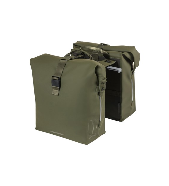 Sakwa podwójna BASIL SOHO DOUBLE PANNIER BAG NORDLICHT MIK, MIK System (ready to go) 41L, 100% wodoodporna moss green oświetlenie Nordlicht Technology (NEW).