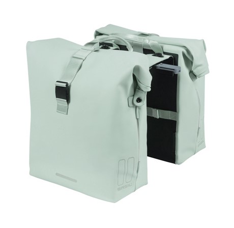 Sakwa podwójna BASIL SOHO DOUBLE PANNIER BAG NORDLICHT MIK, MIK System (ready to go) 41L 100% wodoodporna pastel green oświetlenie Nordlicht Technology (DWZ)