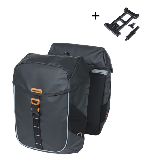 Sakwa podwójna BASIL MILES TARPAULIN DOUBLE PANNIER BAG MIK 34L, MIK System (ready to go), 100% wodoodporna black orange (NEW)