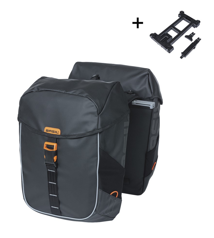 Sakwa miejska podwójna BASIL MILES TARPAULIN DOUBLE PANNIER BAG MIK 34L, MIK System (ready to go), 100% wodoodporna black orange (NEW 2025)