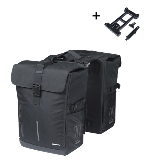 Sakwa podwójna BASIL MOVE DOUBLE BICYCLE BAG, MIK z adapterem do mocowania (ready to go), 30L, Wodoodporna, Black (NEW)