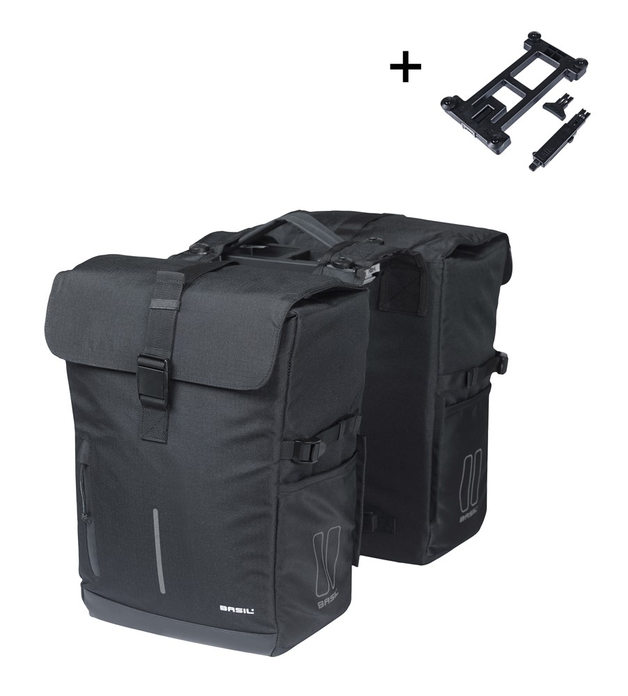 Sakwy BASIL MOVE DOUBLE BICYCLE BAG, MIK z adapterem do mocowania (ready to go), 30L, Wodoodporna, Black (NEW 2025)