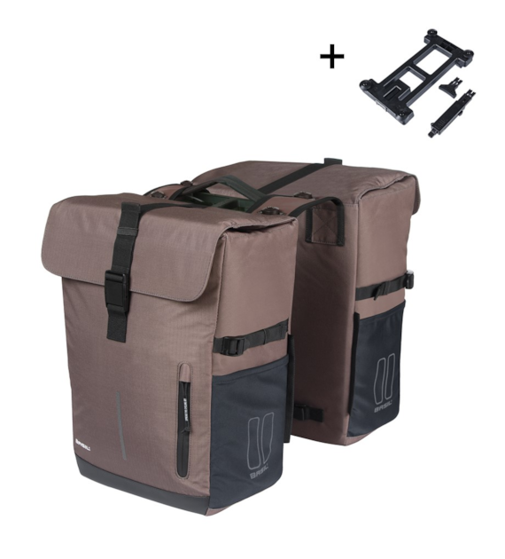 Sakwa podwójna BASIL MOVE DOUBLE BICYCLE BAG, MIK z adapterem do mocowania (ready to go), 30L, Wodoodporna, Brown (NEW)
