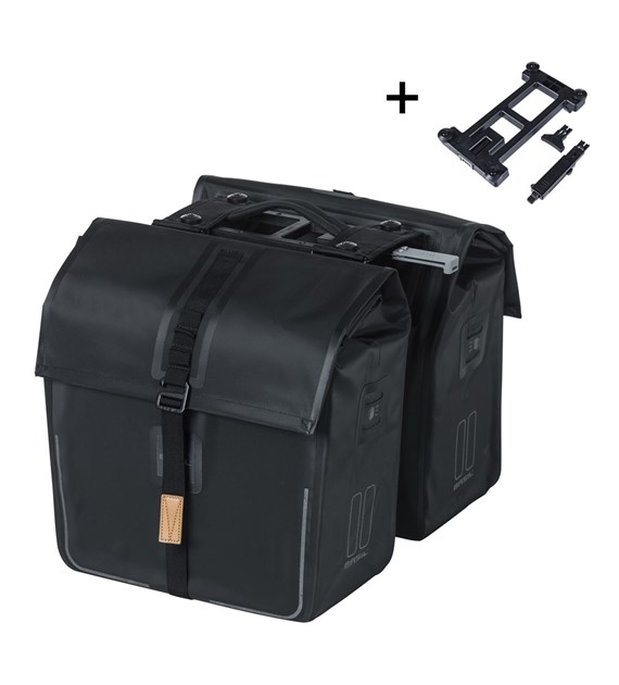 Sakwa podwójna BASIL URBAN DRY DOUBLE BAG 50L MIK, MIK System (ready to go), poliester, wodooporna, matt black (NEW)
