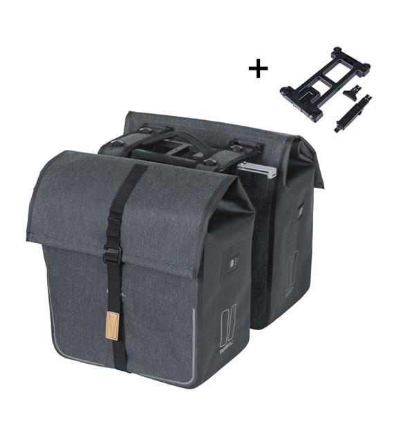 Sakwa podwójna BASIL URBAN DRY DOUBLE BAG 50L MIK, MIK System (ready to go), tkanina poliester z powłoką ochronną, 100% wodoodporna, charcoal melee (NEW)