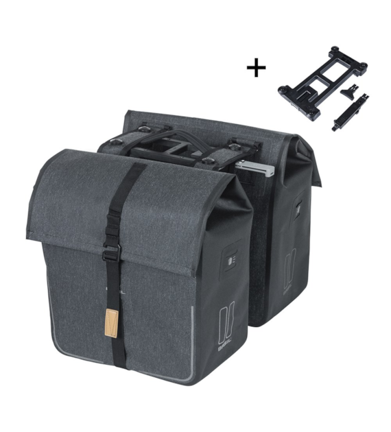 Sakwa podwójna BASIL URBAN DRY DOUBLE BAG 50L MIK, MIK System (ready to go), tkanina poliester z powłoką ochronną, 100% wodoodporna, charcoal melee (NEW)