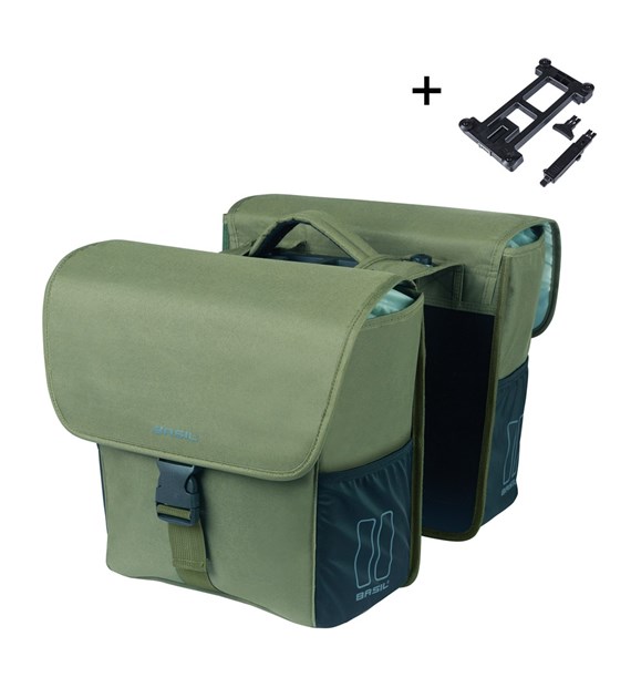 Sakwy BASIL GO DOUBLE BAG, MIK z adapterem do mocowania, 32L, Dark Green (NEW 2025)