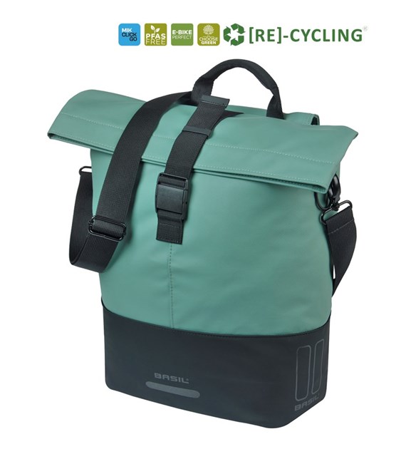 Sakwa pojedyncza BASIL COVE BICYCLE SHOPPER 14-16L, MIK Hooks, silvergreen/black (NEW 2026)