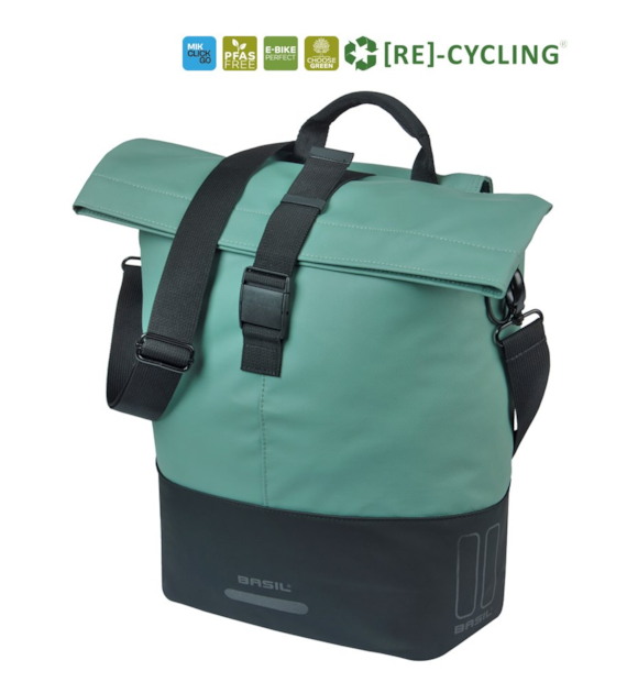 Sakwa pojedyncza BASIL COVE BICYCLE SHOPPER 14-16L, MIK Hooks, silvergreen/black (NEW 2026)