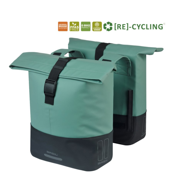 Sakwa podwójna BASIL COVE DOUBLE PANNIER BAG 28-32L, Universal Bridge System, silvergreen/black (NEW 2026)