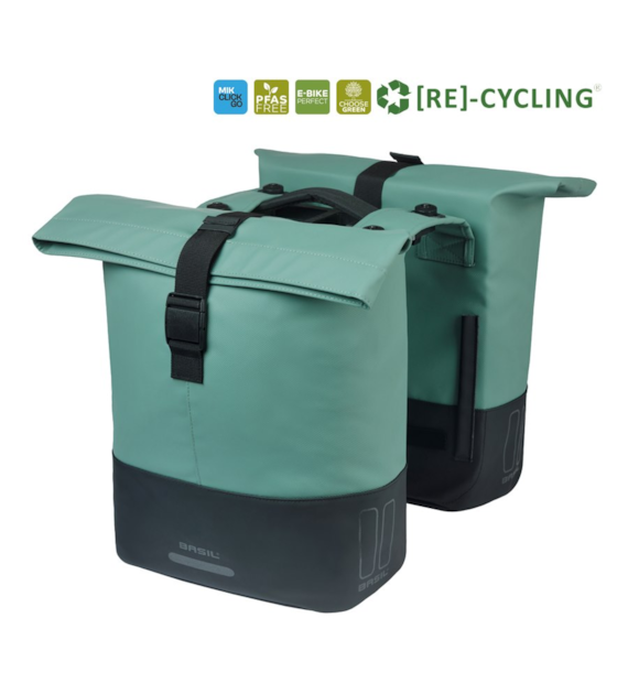 Sakwa podwójna BASIL COVE DOUBLE PANNIER BAG 28-32L, MIK System (ready to go), silvergreen/black (NEW 2026)
