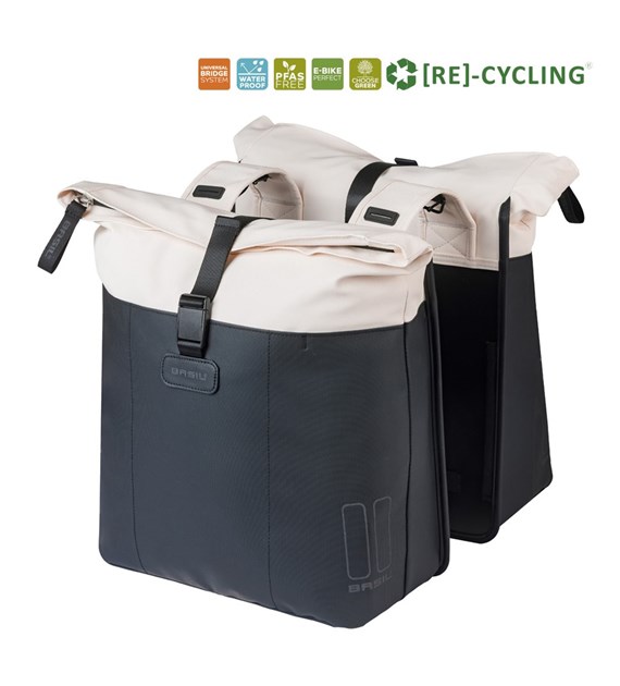 Sakwa podwójna BASIL VIVE DOUBLE PANNIER BAG 28-35L, Universal Bridge System, off-white/black (NEW 2026)