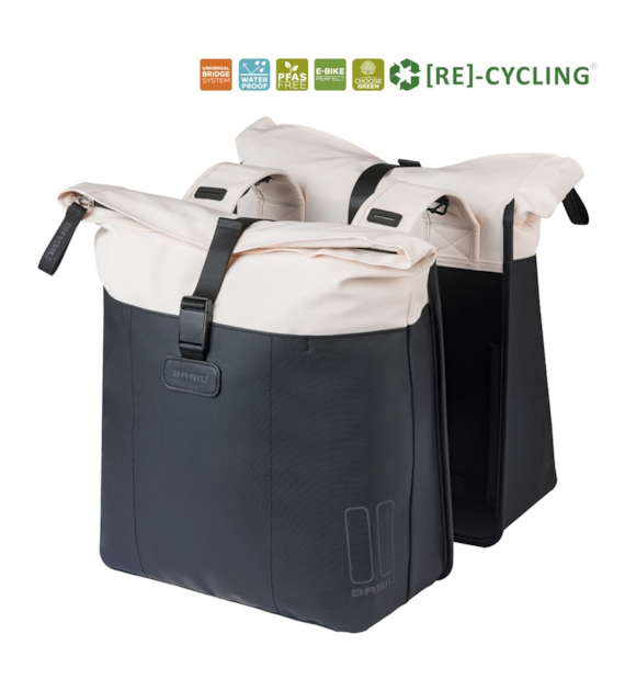 Sakwa podwójna BASIL VIVE DOUBLE PANNIER BAG 28-35L, Universal Bridge System, off-white/black (NEW 2026)