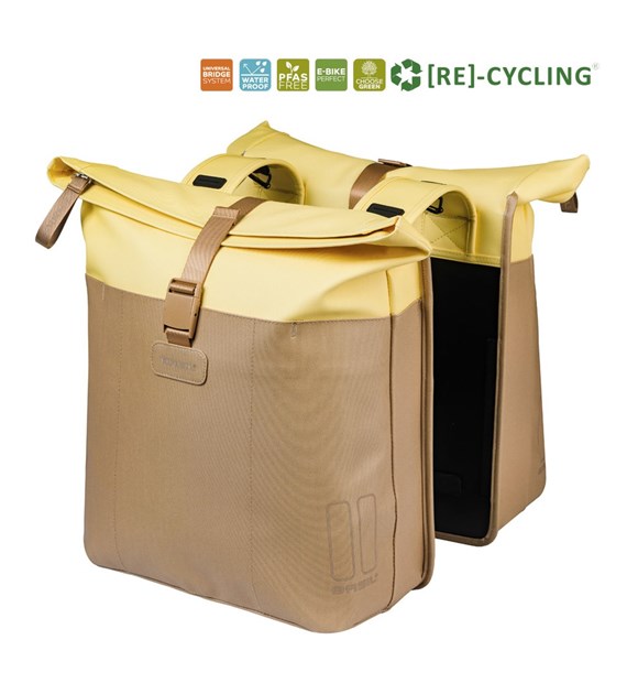 Sakwa podwójna BASIL VIVE DOUBLE PANNIER BAG 28-35L, Universal Bridge System, sand/yellow (NEW 2026)