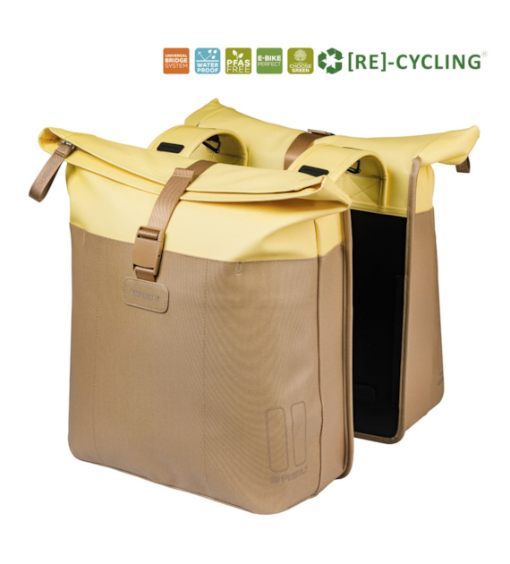 Sakwa podwójna BASIL VIVE DOUBLE PANNIER BAG 28-35L, Universal Bridge System, sand/yellow (NEW 2026)