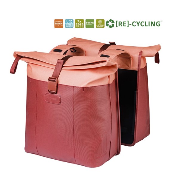 Sakwa podwójna BASIL VIVE DOUBLE PANNIER BAG 28-35L, Universal Bridge System, burgundy/pink (NEW 2026)