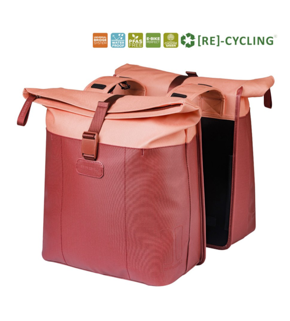 Sakwa podwójna BASIL VIVE DOUBLE PANNIER BAG 28-35L, Universal Bridge System, burgundy/pink (NEW 2026)