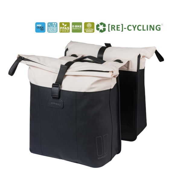 Sakwa podwójna BASIL VIVE DOUBLE PANNIER BAG 28-35L, MIK System (ready to go), off-white/black (NEW 2026)