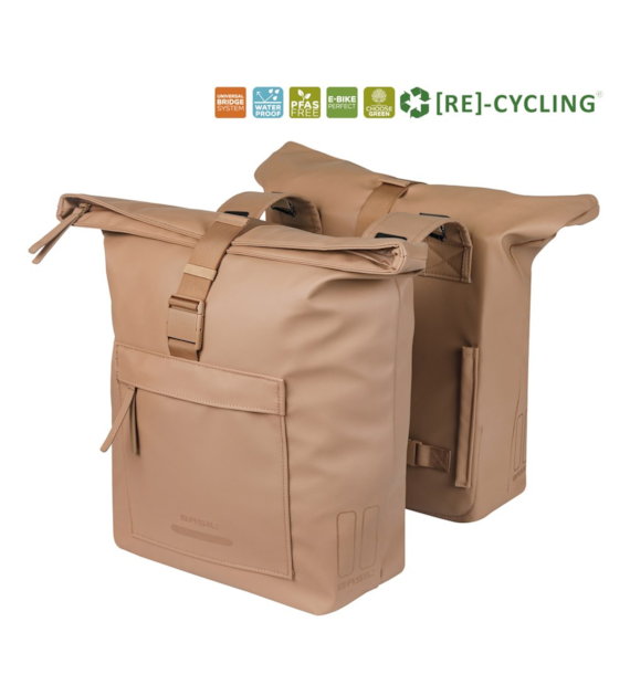 Sakwa podwójna BASIL BROOKLYN DOUBLE PANNIER BAG 41L, Universal Bridge System, wodoodporna, sand (NEW 2026)