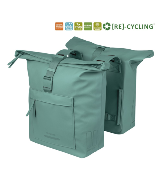 Sakwa podwójna BASIL BROOKLYN DOUBLE PANNIER BAG 41L, Universal Bridge System, wodoodporna, silvergreen (NEW 2026)
