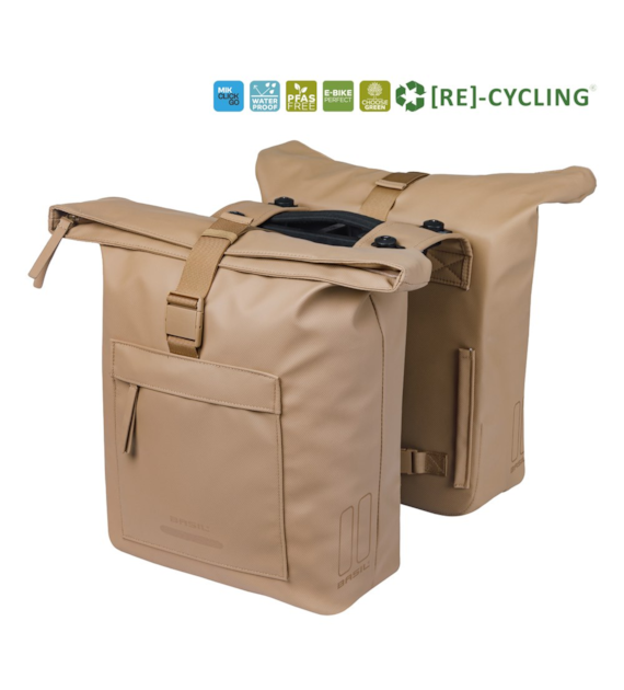 Sakwa podwójna BASIL BROOKLYN DOUBLE PANNIER BAG 41L, MIK System (ready to go), wodoodporna, sand (NEW 2026)