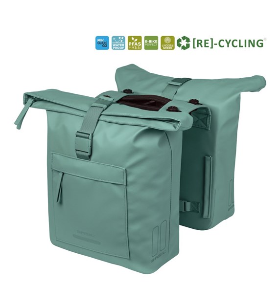 Sakwa podwójna BASIL BROOKLYN DOUBLE PANNIER BAG 41L, MIK System (ready to go), wodoodporna, silvergreen (NEW 2026)