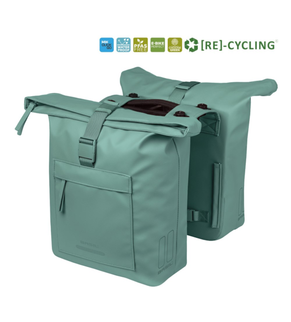 Sakwa podwójna BASIL BROOKLYN DOUBLE PANNIER BAG 41L, MIK System (ready to go), wodoodporna, silvergreen (NEW 2026)