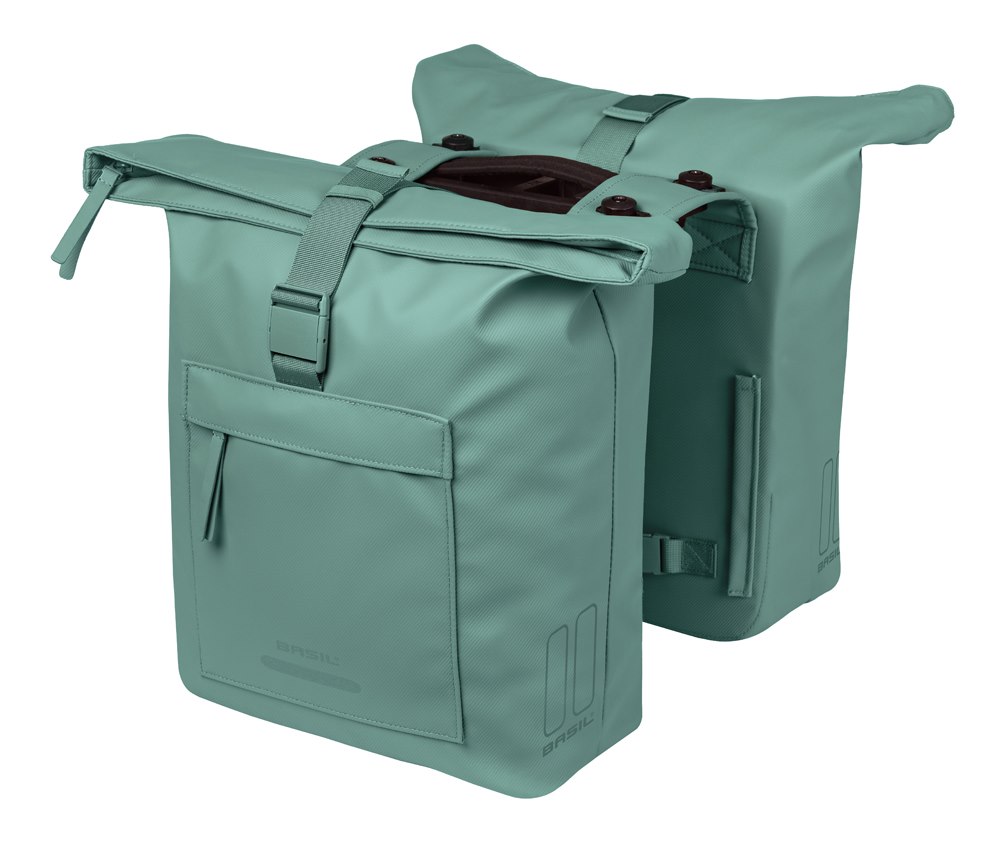 Torba na bagażnik BASIL BROOKLYN DOUBLE PANNIER BAG 41L, MIK System (ready to go), wodoodporna, silvergreen (NEW 2026)