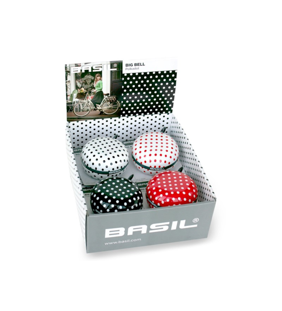 Dzwonek rowerowy BASIL BIG BELL POLKADOT 80mm, mix kolorów pudełko 4szt. (WYPRZEDAŻ -50%)