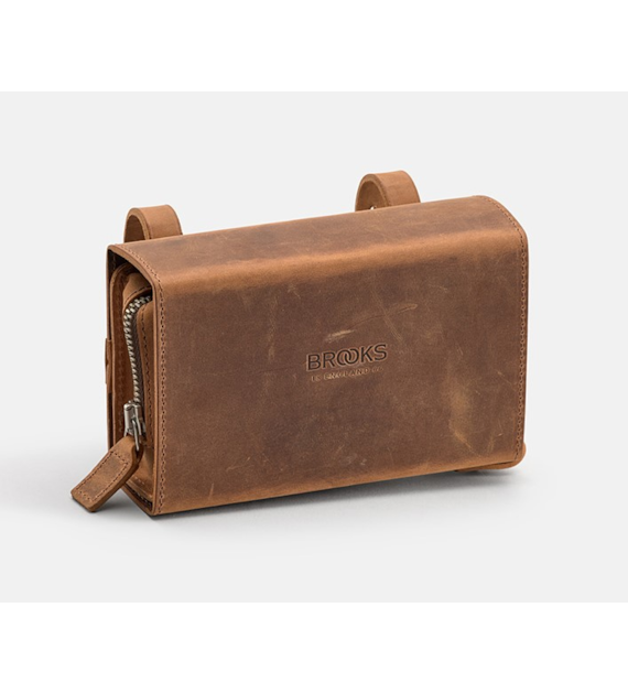 Torba podsiodłowa BROOKS D-SHAPED, Dark Tan, Pojemność 0,75L, Mocowanie na paskach, Garbowana skóra (NEW)
