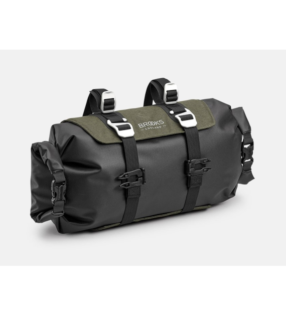 Torba na kierownicę BROOKS SCAPE HANDLEBAR ROLL, Mud Green, Pojemność 9-11L, Mocowanie na paskach, Wodoodporność IPX4 (NEW)