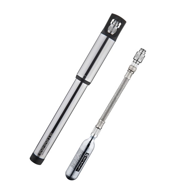 Pompka ręczna BIRZMAN Infinite Road with CO2 (Presta/Schrader), 160psi/11bar, Długość 255mm, CNC, Srebrna, Naboje CO2 2x16g (NEW)
