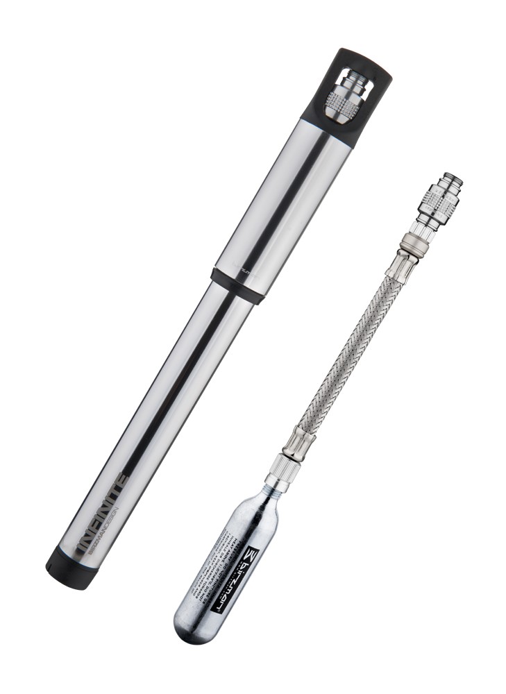 Pompka ręczna BIRZMAN Infinite Road with CO2 (Presta/Schrader), 160psi/11bar, Długość 255mm, CNC, Srebrna, Naboje CO2 2x16g (NEW)