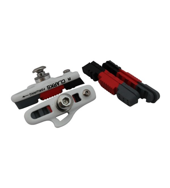 Klocki hamulcowe V-brake CLARKS CPS240 ELITE ROAD PADS & INSERTS, Dla Shimano/Sram/Tektro/Campagnolo, 55mm, Warunki Suche i Mokre, Szosa, Białe z czarno-czerwono-szarymi okładzinami + 2x okładziny ekstra (NEW)
