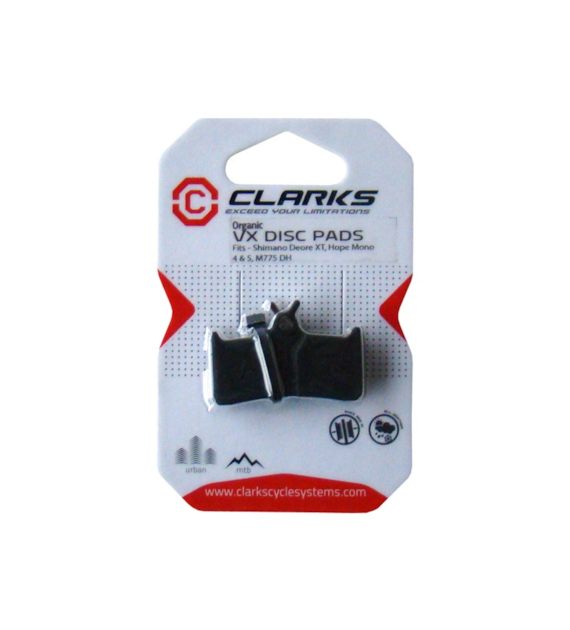 Okładziny hamulcowe CLARKS VX801 Żywiczne, Dla SHIMANO/HOPE/SRAM (Shimano Deore XT, XT M755, XT M756, XT M775, Deore/Hope Mono 4 & 5/Sram 9.0) Pudełko 20 par (NEW).
