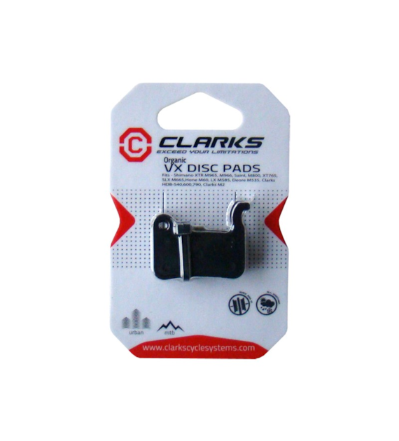 Okładziny hamulcowe CLARKS VX824 Żywiczne, Dla SHIMANO/CLARKS/ELEGLIDE (Shimano XTR, M965-M966, Saint M800 XT, 765SLX, M665, Hone M60, LXM585, Deore M535, HDB-540, 600, 790, M585, M965/966/CLARKS - HDB540, HDB600, HDB790, CMD-24) Pudełko 20 par (NEW).