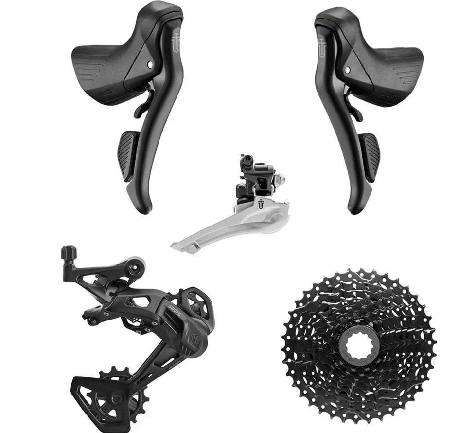 Grupa gravelowa MICROSHIFT SWORD BLACK PK-G7920, 2x9, Zestaw Klamkomanetki Tylna przerzutka Przednia przerzutka Kaseta 38T, Bez korby (NEW)