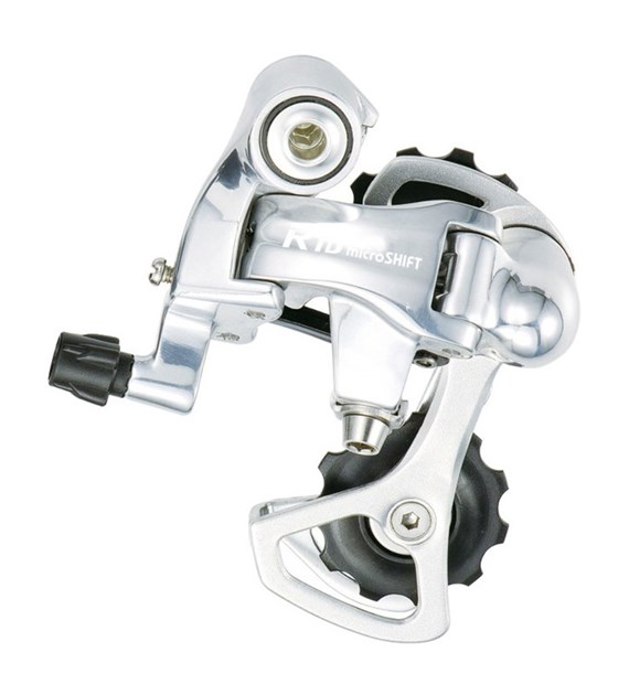 Przerzutka Tylna MICROSHIFT R10, 10.rzędowa(2x10), Kompatybilna z Shimano, Krótki Wózek(Al.), Max. Tryb 25-28T, Pojemność 33T, Srebrna (NEW)