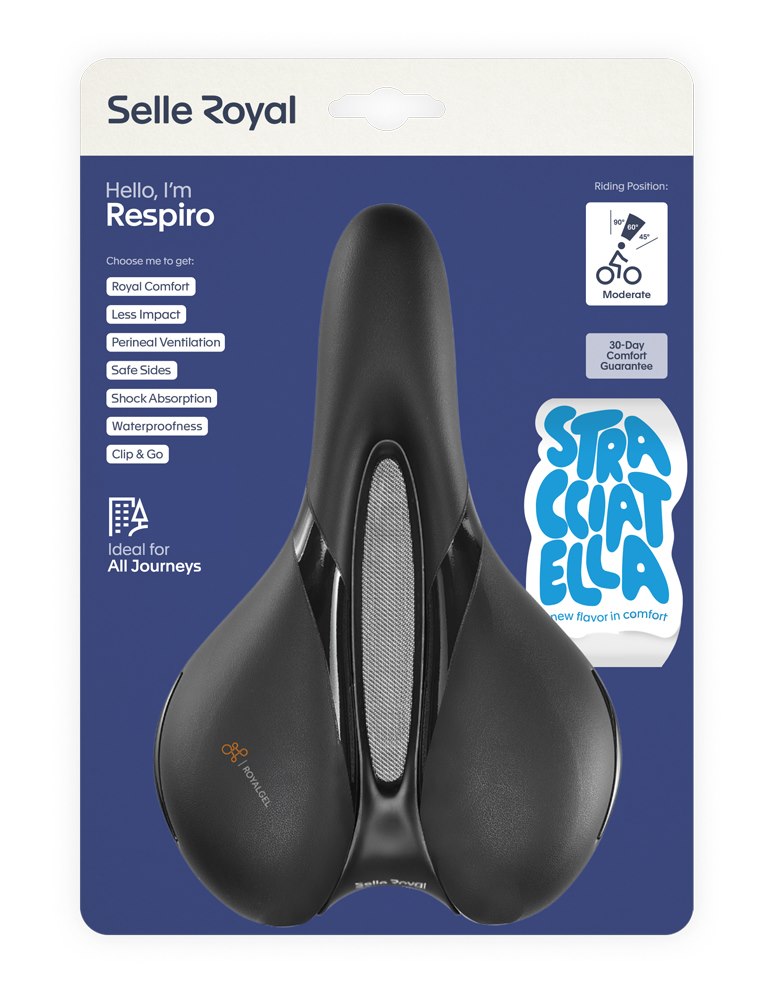 Siodło SELLEROYAL RESPIRO SOFT MODERATE STRACCIATELLA 60st. żelowe + elastomery, kanał chłodzący, unisex 496g (NEW 2026)