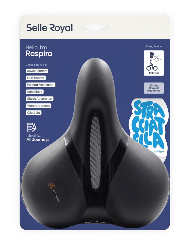 Siodło SELLEROYAL RESPIRO SOFT RELAXED STRACCIATELLA 90st. żelowe + elastomery, kanał chłodzący, unisex 771g (NEW 2026)