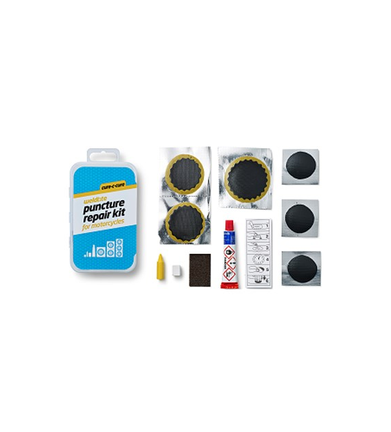 Zestaw łatek motoryzacyjnych WELDTITE Cure-C-Cure Puncture Repair Kit For Motorcycles (6x Łatka + Klej + Papier ścierny + Kreda + Kredka), Pudełko 10szt. (NEW).